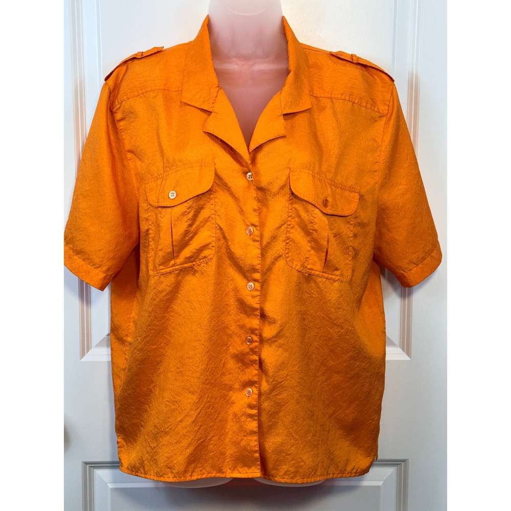 Vintage Christie & Jill Mens Orange Safari Short Sleeve Shirt 14 VTG 90s Bold
